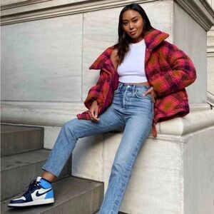 NWT OOF Wear Short Puffer Coat Jacket Plaid Fuchsia Boucle